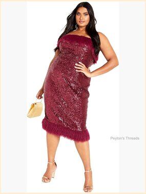 Plus Size Sequin Midi Dress with Faux Feather Trim